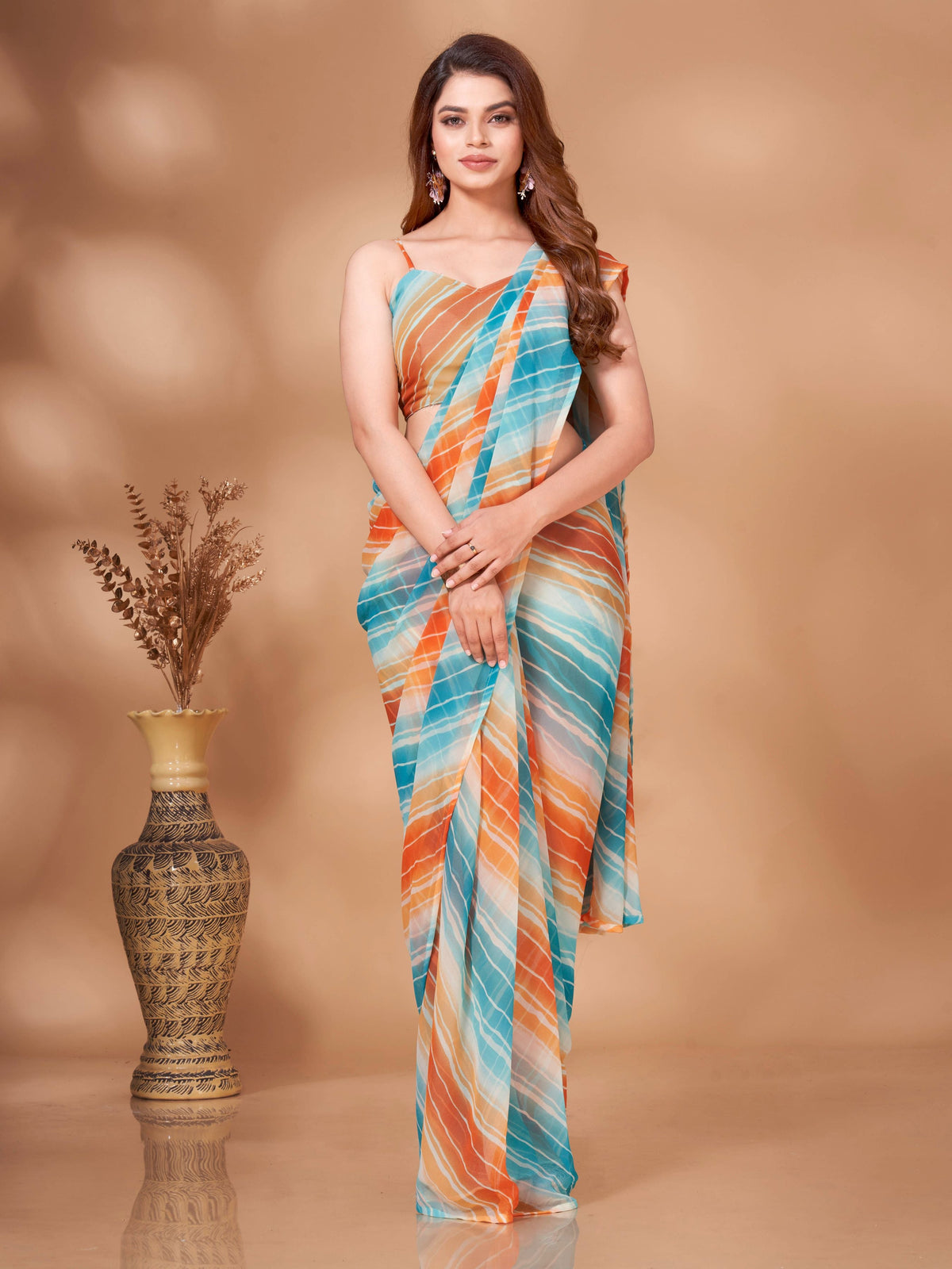 Tikhi Imli - White & Orange Ready To Wear Saree