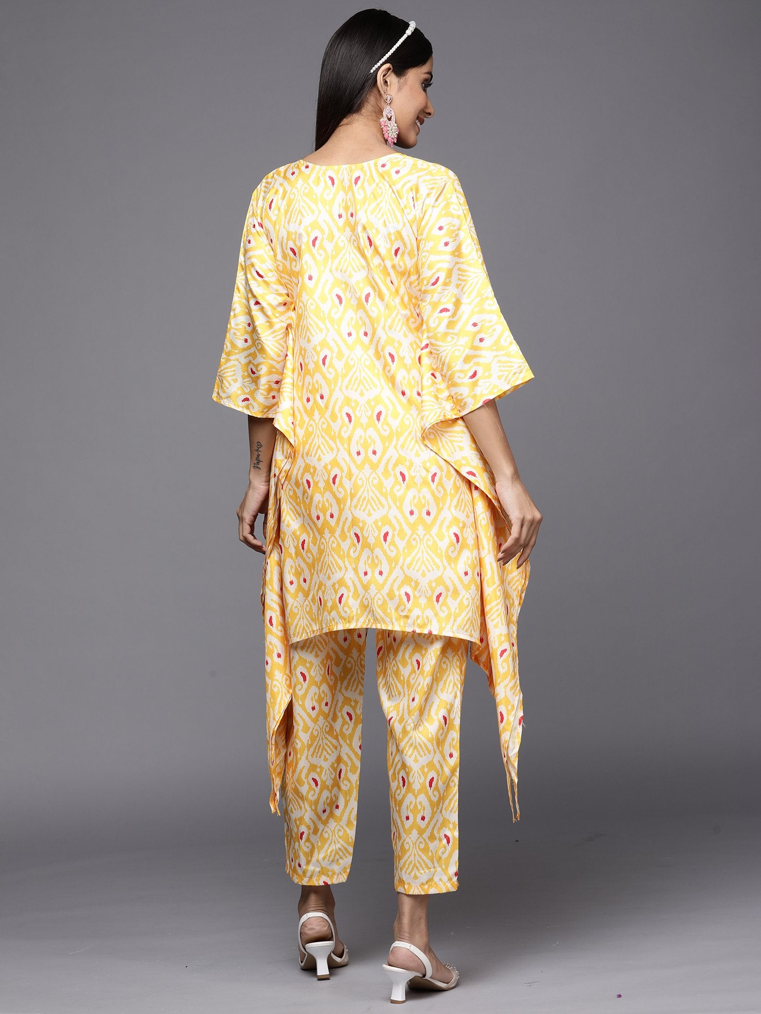 Indo Era Kesariya Yellow Printed A-Line Kaftan With Trouser Set