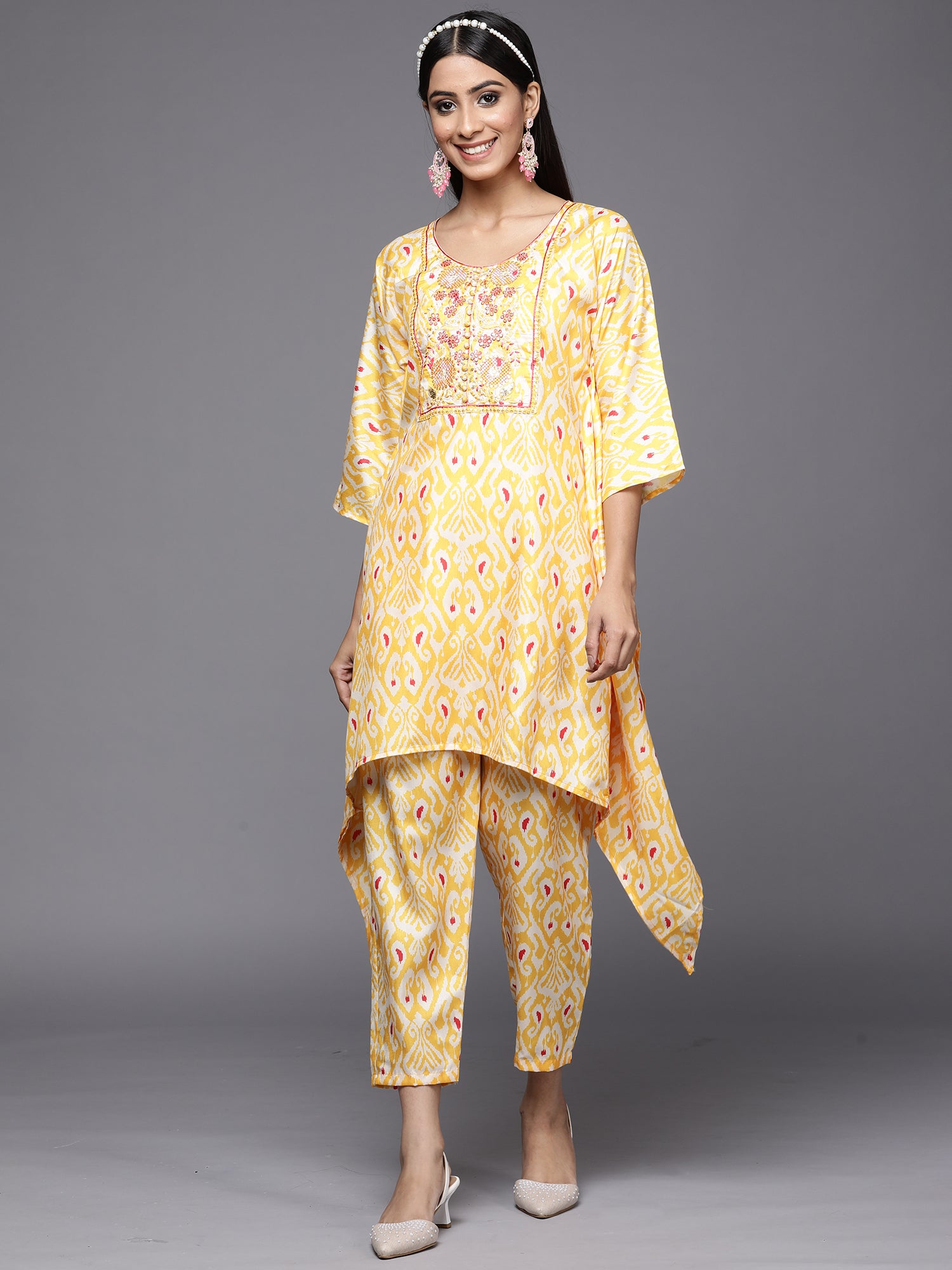 Indo Era Kesariya Yellow Printed A-Line Kaftan With Trouser Set