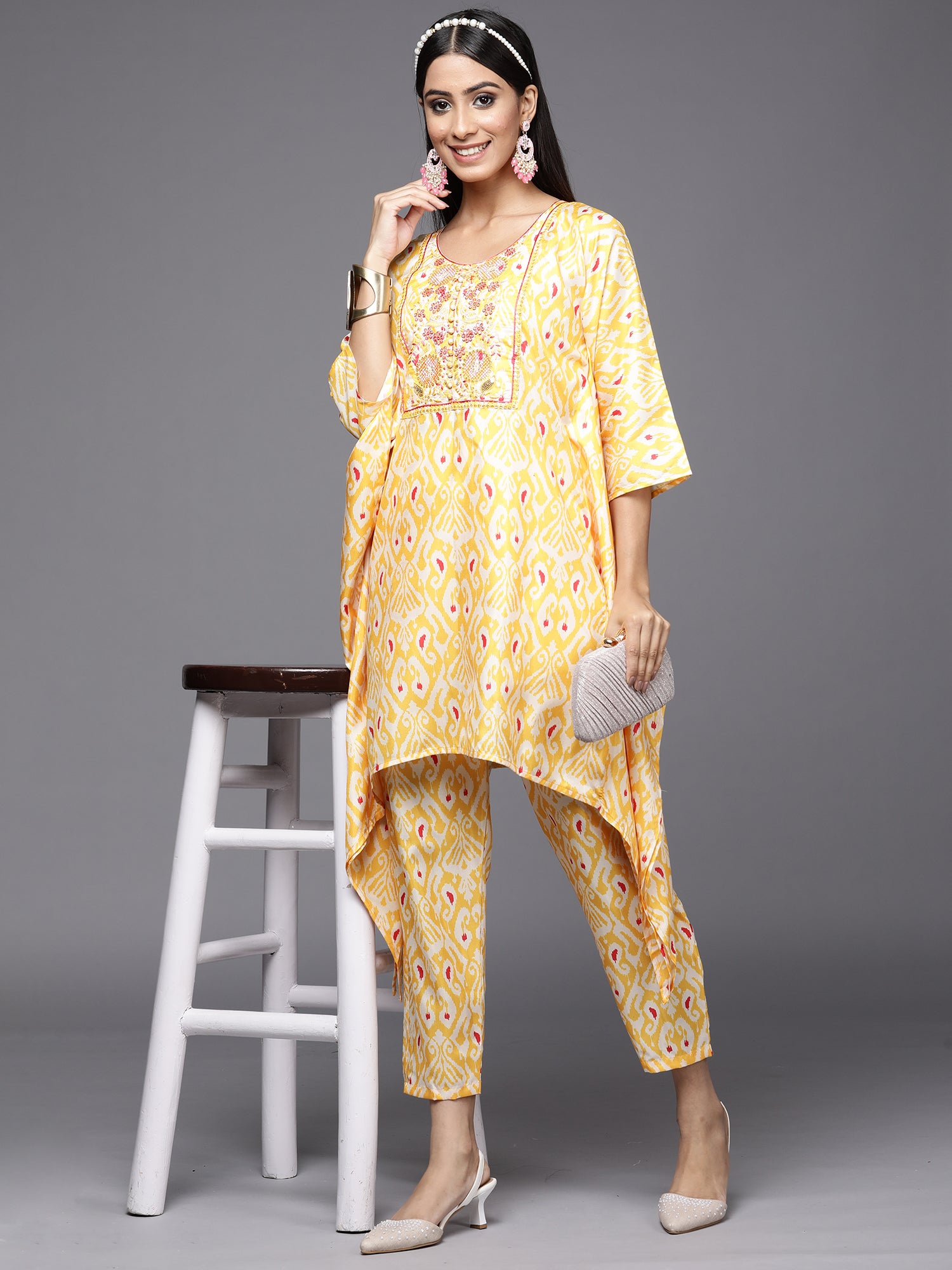 Indo Era Kesariya Yellow Printed A-Line Kaftan With Trouser Set