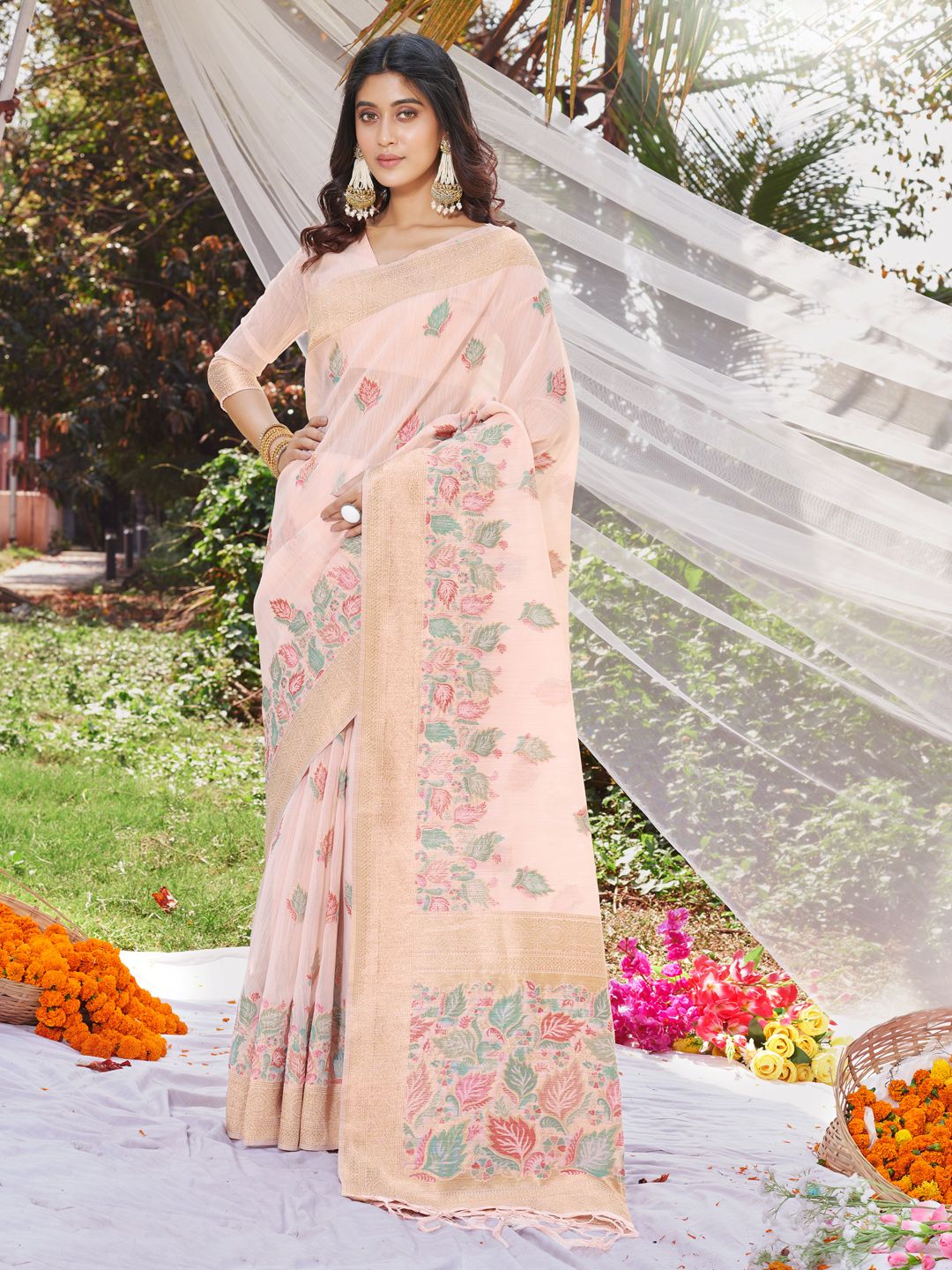 Light Pink Cotton Digital Print Traditional Tassels Saree