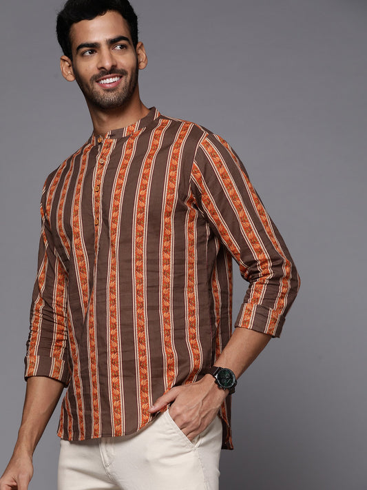 Brown Striped Cotton Straight Kurtas