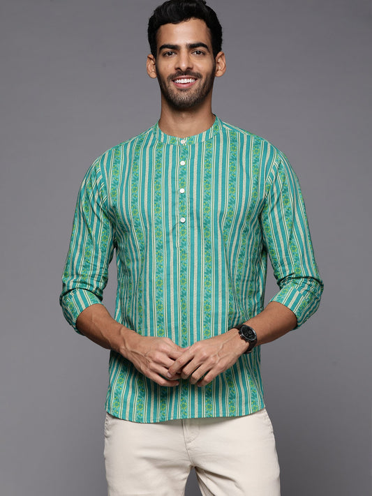 Green Striped Cotton Straight Kurtas