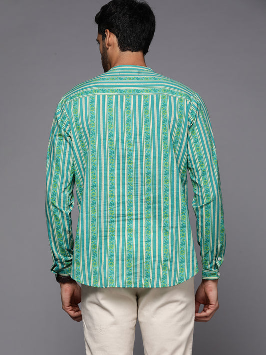 Green Striped Cotton Straight Kurtas