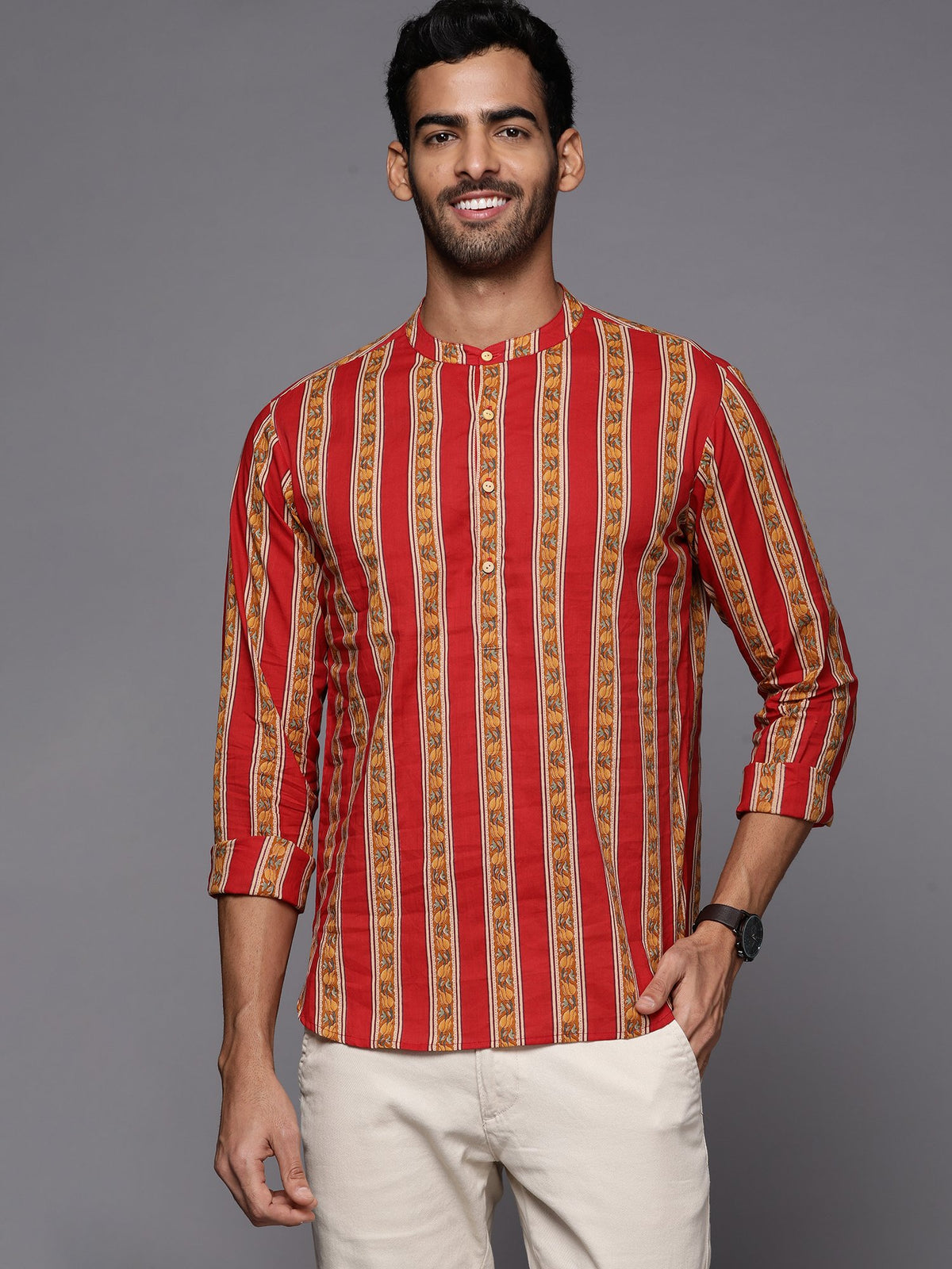 Red Striped Cotton Straight Kurtas