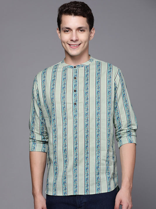 Sea Green Striped Cotton Straight Kurtas