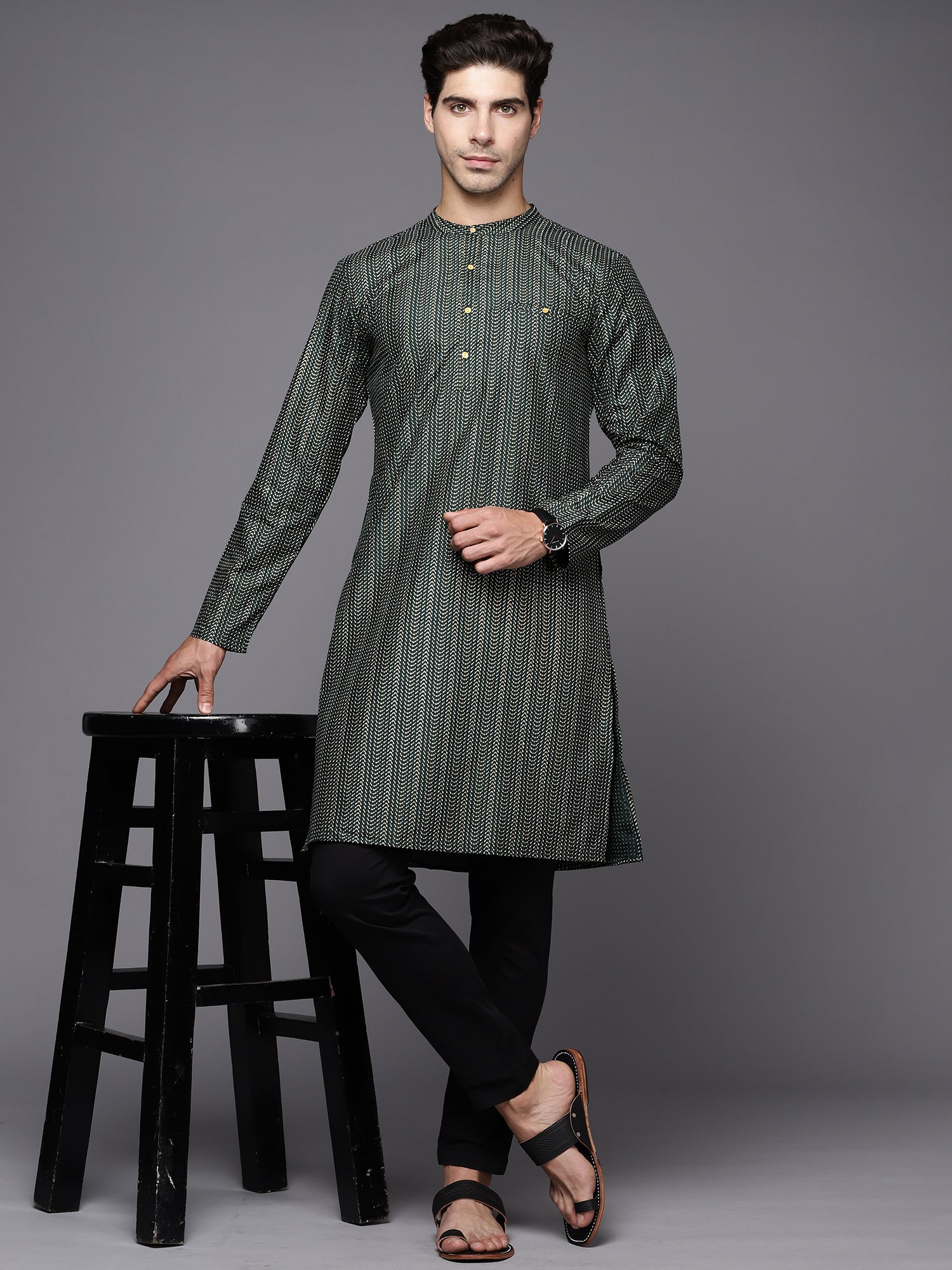 Green Herringbone Cotton Straight Kurtas