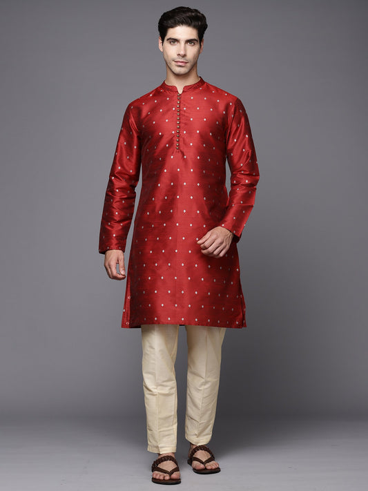 Maroon Polka Dots Jacquard Straight Kurtas