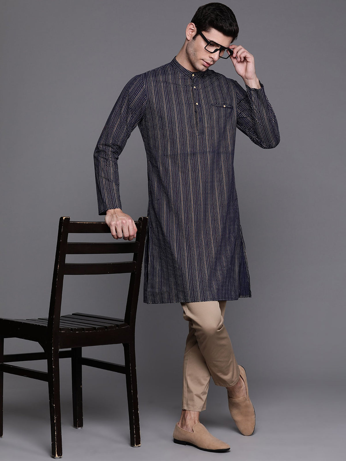 Navy Blue Herringbone Cotton Straight Kurtas