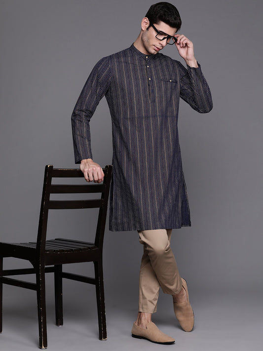 Navy Blue Herringbone Cotton Straight Kurtas