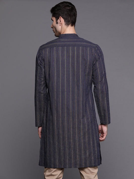 Navy Blue Herringbone Cotton Straight Kurtas