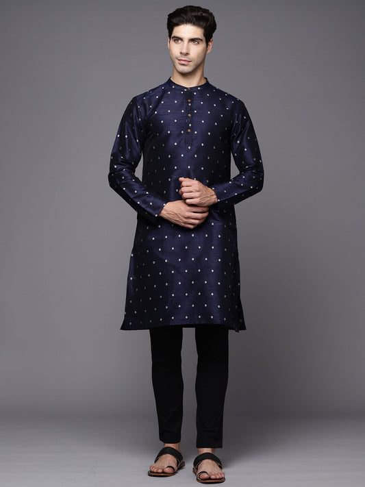 Navy Blue Polka Dots Silk Blend Straight Kurtas