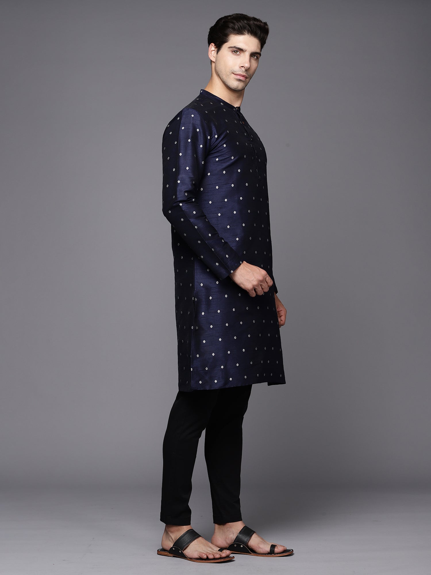 Navy Blue Polka Dots Silk Blend Straight Kurtas