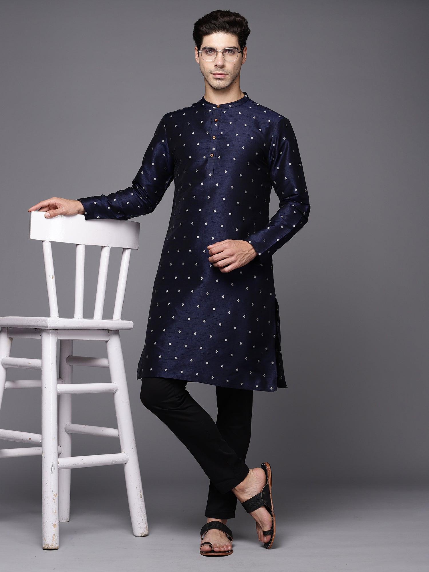 Navy Blue Polka Dots Silk Blend Straight Kurtas