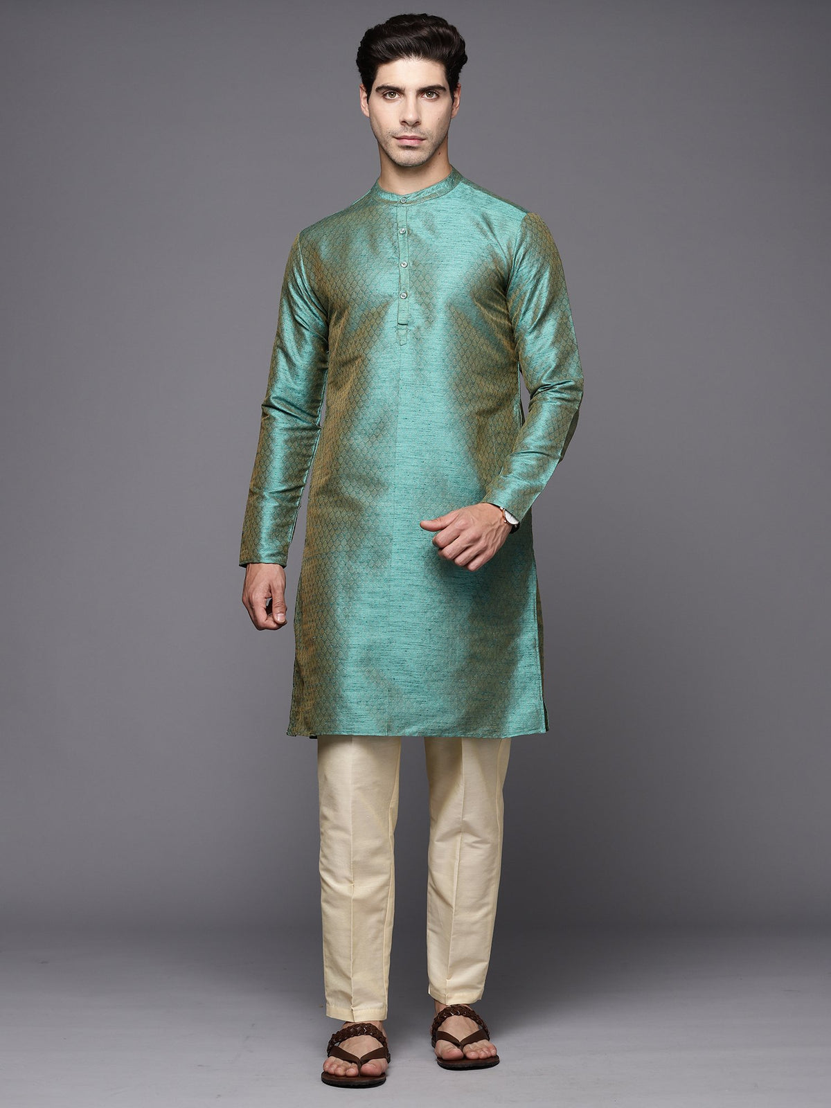 Green Ethnic Motifs Jacquard Straight Kurtas