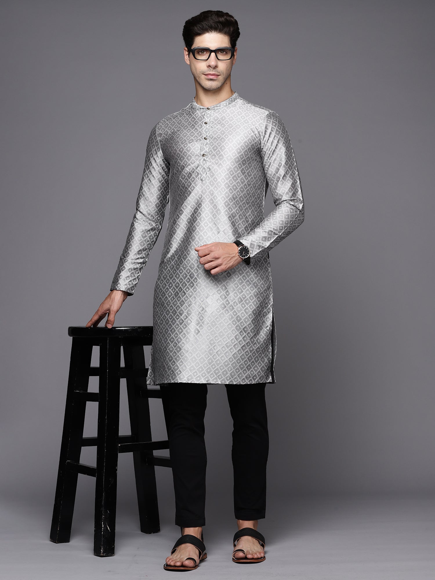 Grey Ethnic Motifs Jacquard Straight Kurtas