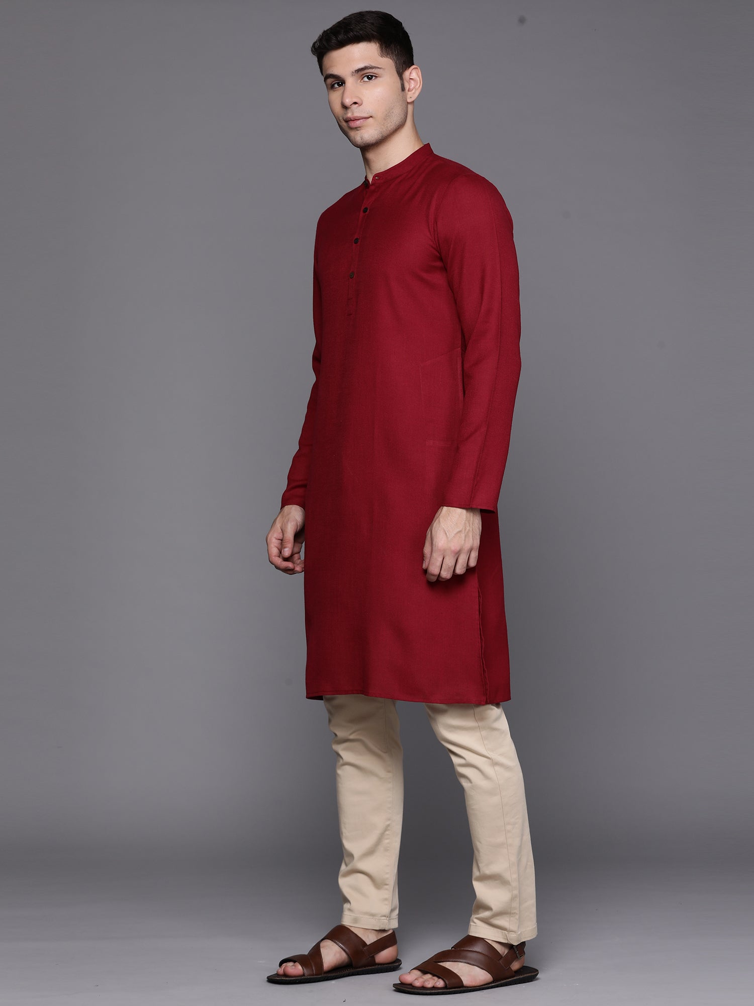 Maroon Solid Cotton Blend Straight Kurtas