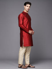 Indo Era - Maroon Solid Silk Blend Straight Kurtas