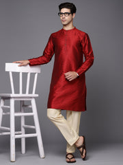 Indo Era - Maroon Solid Silk Blend Straight Kurtas