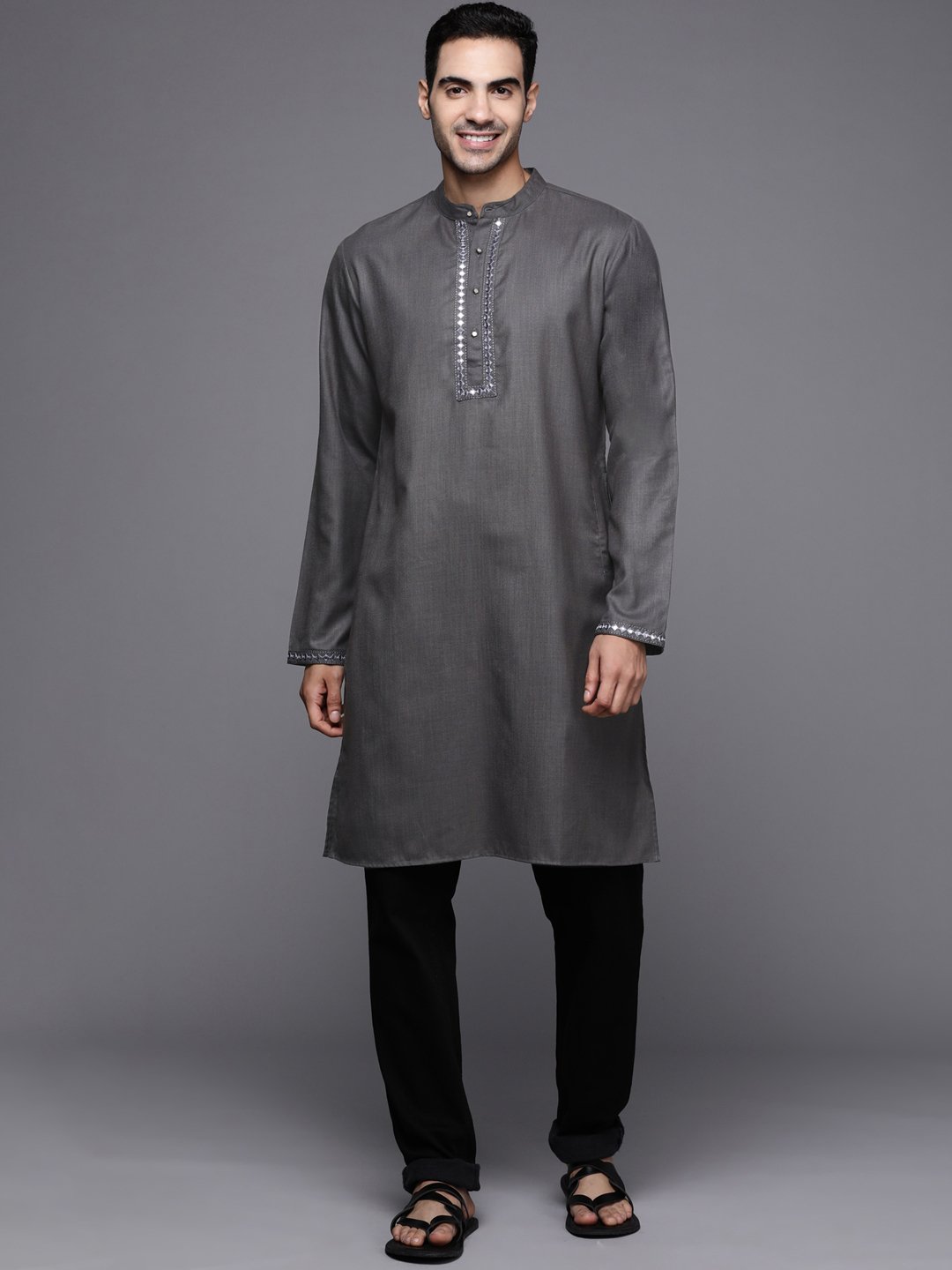 Grey Embroidered Cotton Blend Straight Kurtas