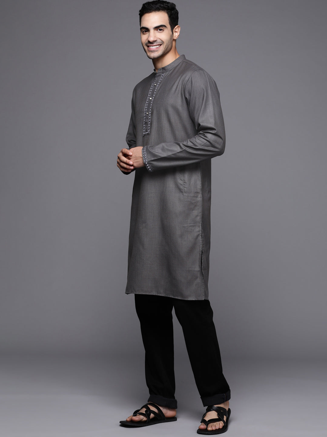 Grey Embroidered Cotton Blend Straight Kurtas