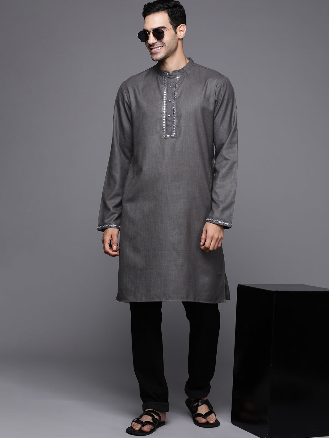 Grey Embroidered Cotton Blend Straight Kurtas