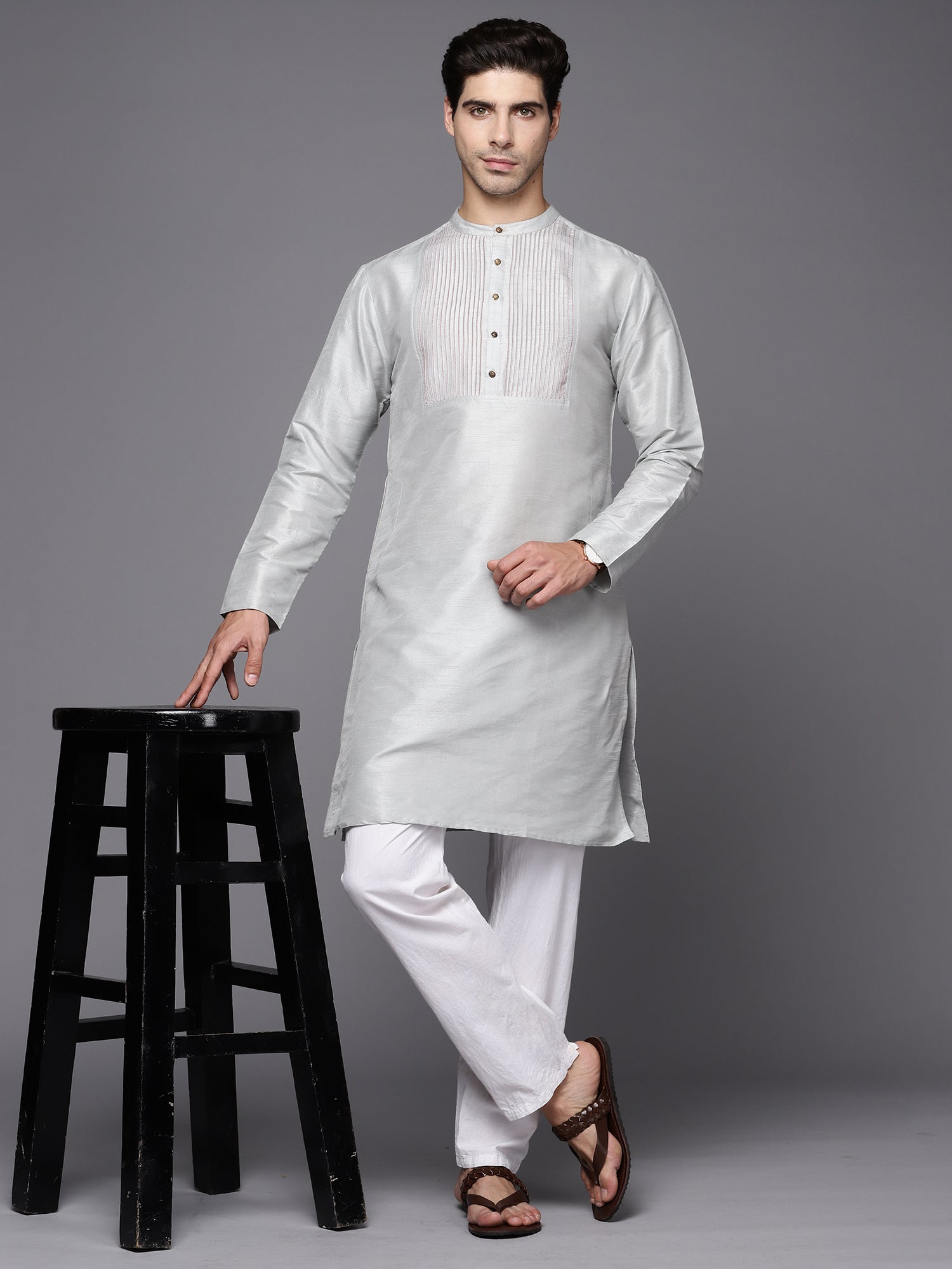 Grey Solid Silk Blend Straight Kurtas