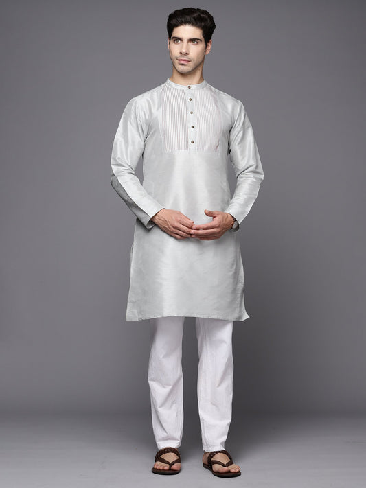 Grey Solid Silk Blend Straight Kurtas