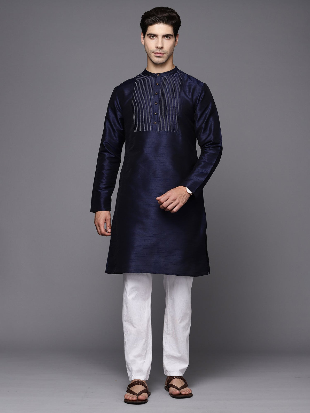 Navy Blue Solid Silk Blend Straight Kurtas