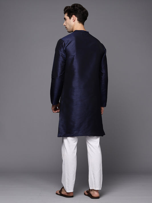 Navy Blue Solid Silk Blend Straight Kurtas