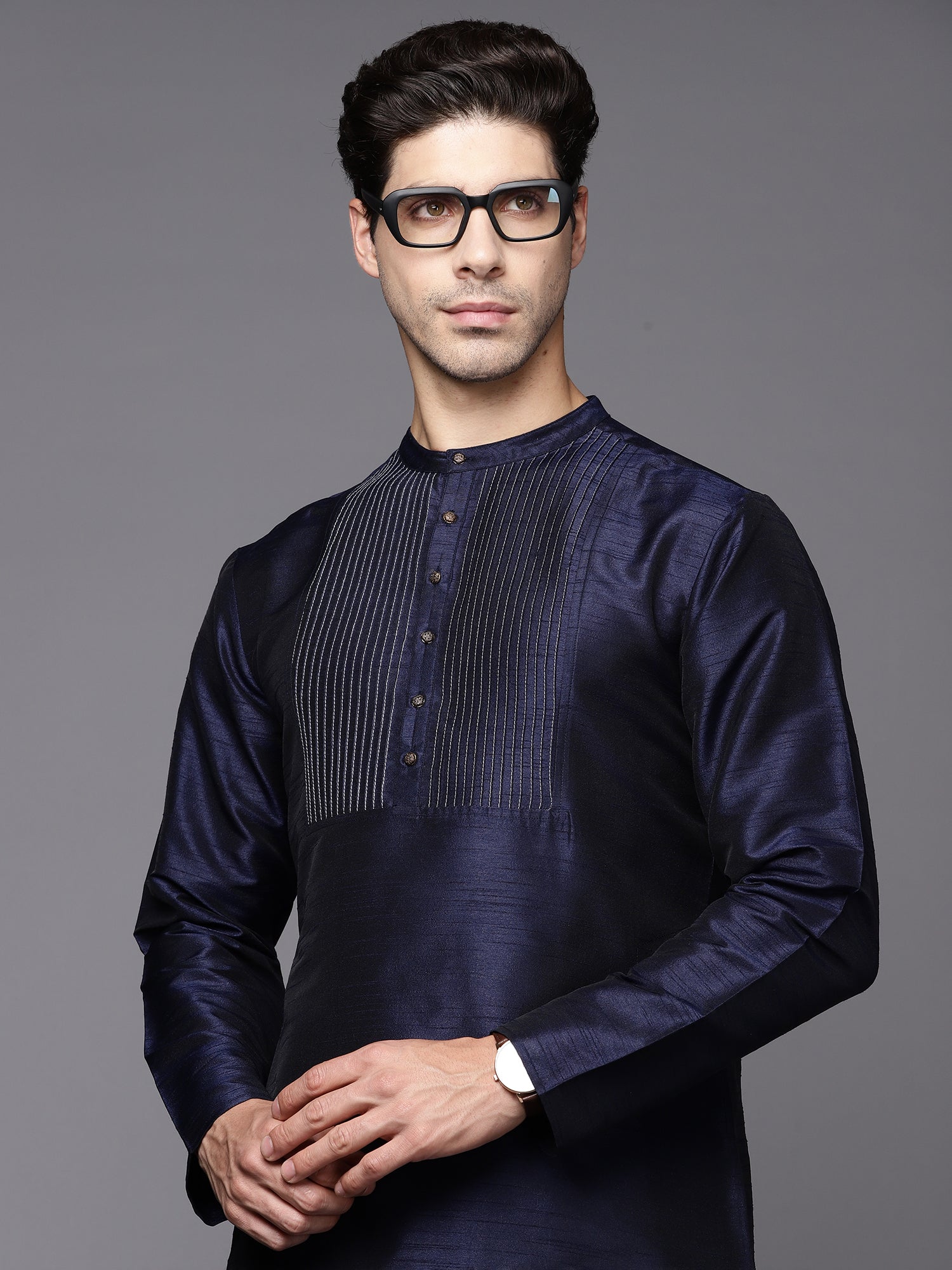 Navy Blue Solid Silk Blend Straight Kurtas