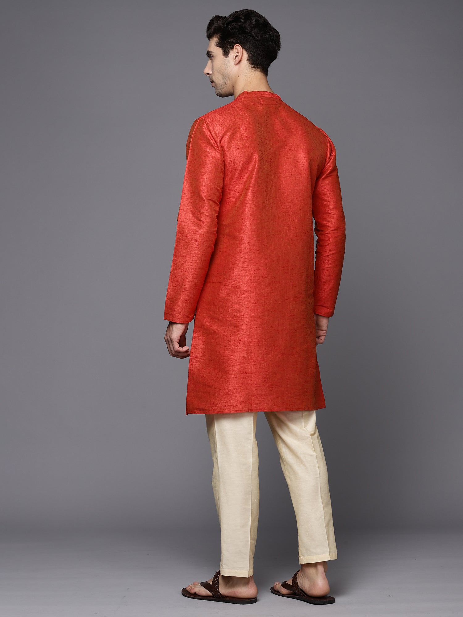 Orange Solid Silk Blend Straight Kurtas