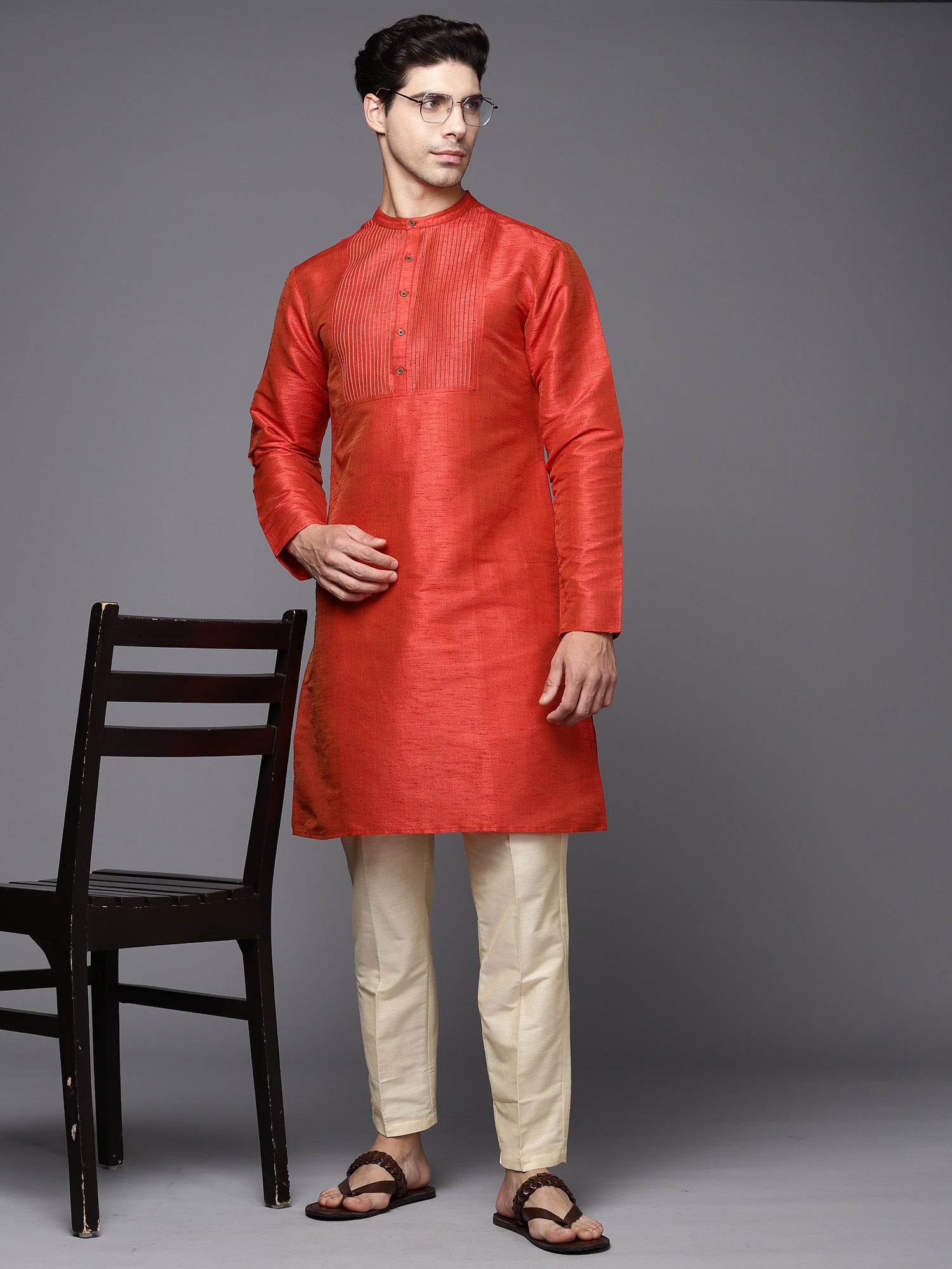 Orange Solid Silk Blend Straight Kurtas