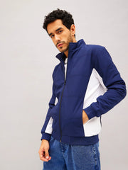 Men Navy & White Color Block Biker Jacket