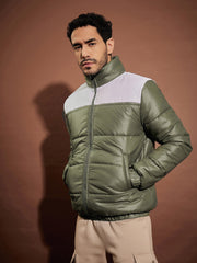 Men Olive & White Puffer ColorBlock Jacket