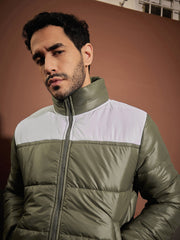 Men Olive & White Puffer ColorBlock Jacket