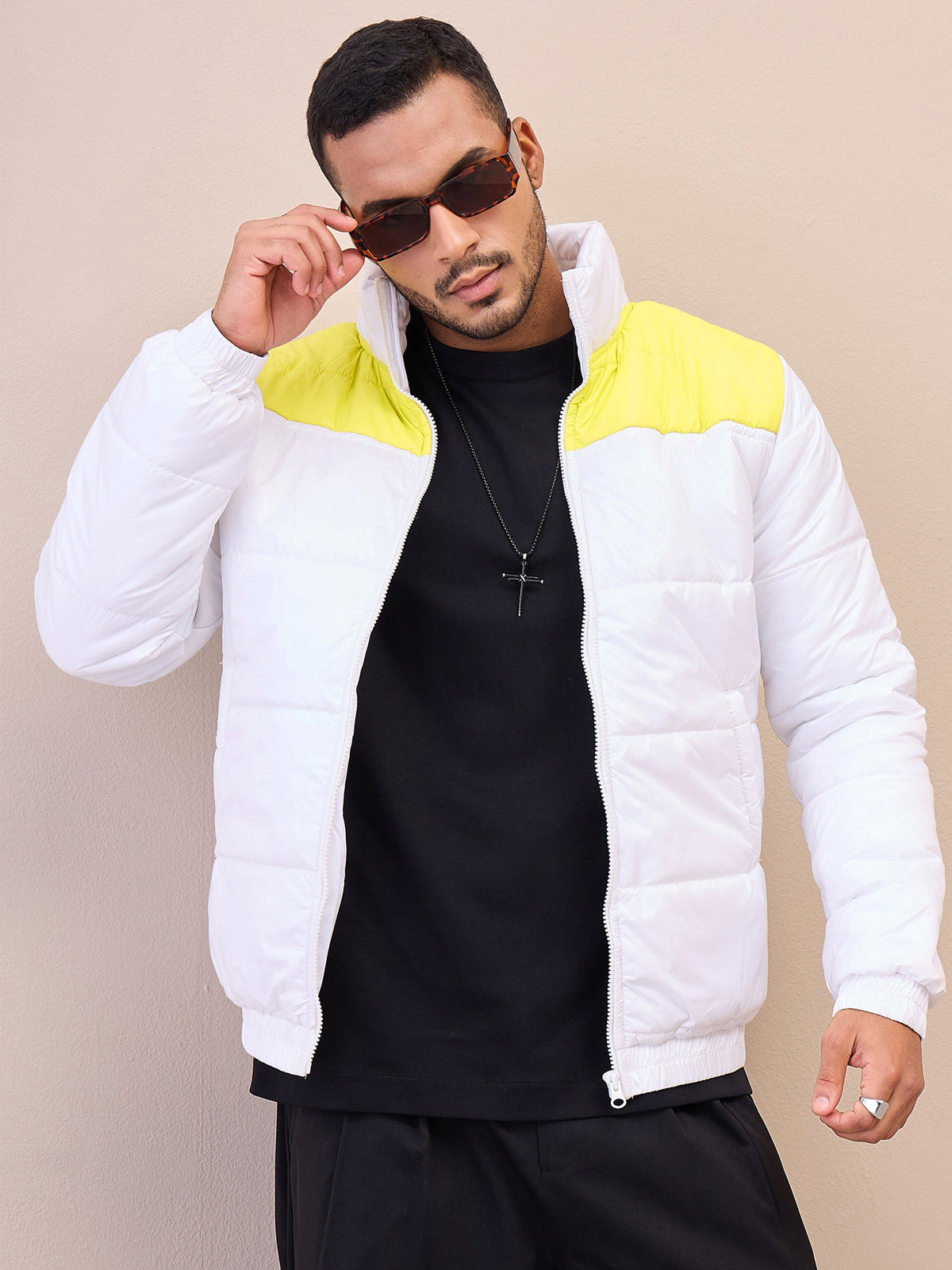 Men White & Yellow Puffer ColorBlock Jacket