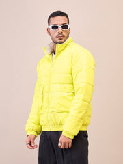 Men Neon Yellow Fur Collar Puffer Jacket