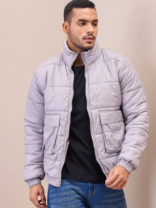 Men Grey Fur Collar Puffer Jacket