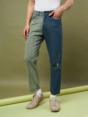 Men Blue & Olive ColorBlock Relax Fit Jeans