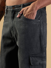 Men Grey Washed Baggy Cargo Jeans