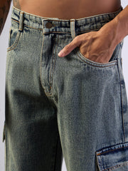 Men Yellow Washed Baggy Cargo Jeans