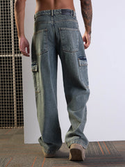 Men Yellow Washed Baggy Cargo Jeans