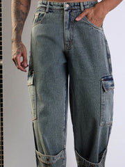 Men Yellow Washed Baggy Cargo Jeans