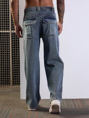 Men Blue Washed Side Pocket Baggy Cargo Jeans