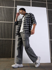 Men Grey Washed Multi Pocket Baggy Jeans