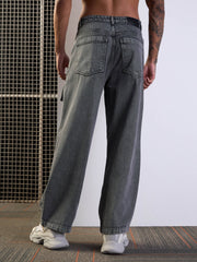 Men Grey Washed Multi Pocket Baggy Jeans