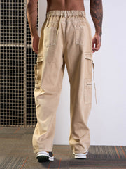 Men Beige Side Pocket Baggy Cargo Jeans