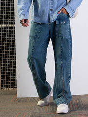 Men Blue Washed Front Zipper Baggy Jeans