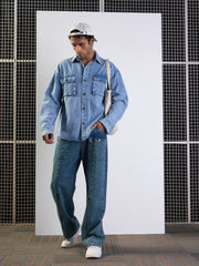 Men Blue Washed Front Zipper Baggy Jeans